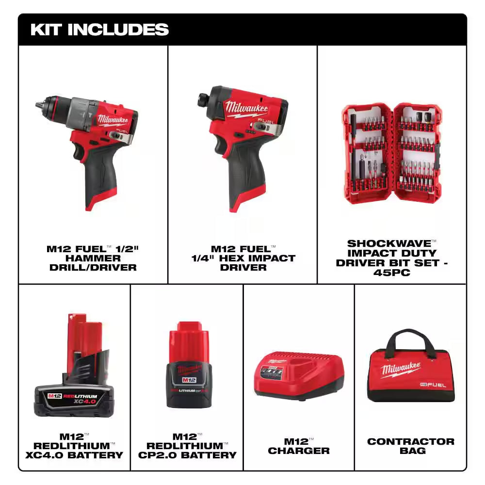 M12 FUEL 12-Volt Lithium-Ion Brushless Cordless Hammer Drill & Impact Driver Combo Kit (2-Tool) with Bit Set (45-Piece)